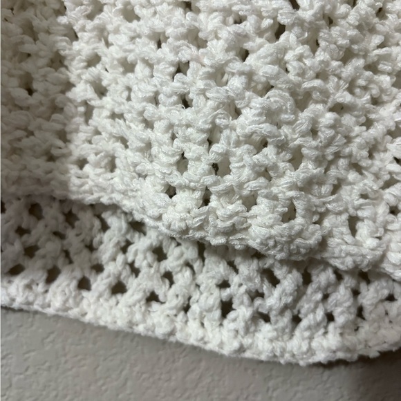 White V-Neck Open Weave Cotton Poly Blend Swim Coverup/Tunic Sweater. - Picture 4 of 12